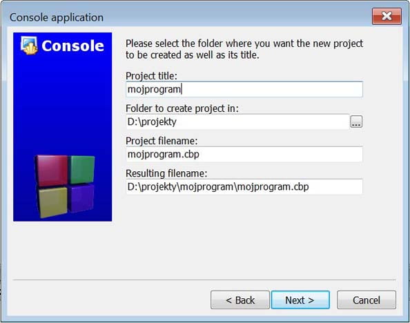 Rysunek 2.5. Okno wyboru folderu do zapisu plików projektu w Code::Blocks