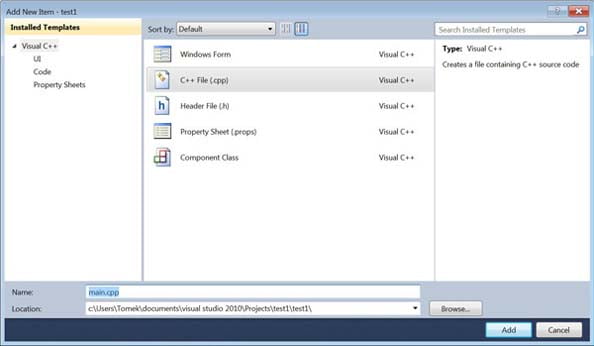 Rysunek 2.12. Okno wyboru typu nowego pliku źródłowego w Visual C++ Express