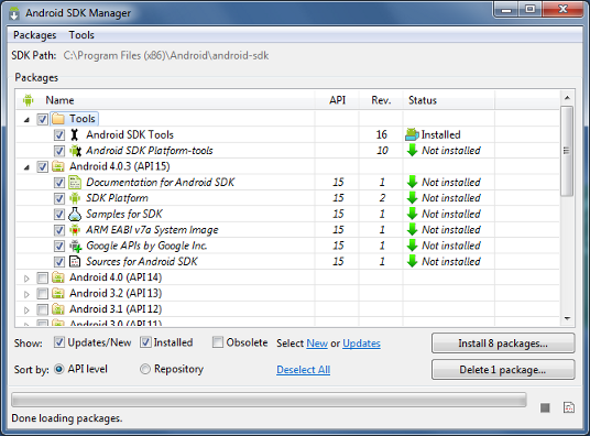 Rysunek 1. Menedżer SDK Android z wyświetlonymi dostępnymi, zainstalowanymi i gotowymi do aktualizacji pakietami SDK