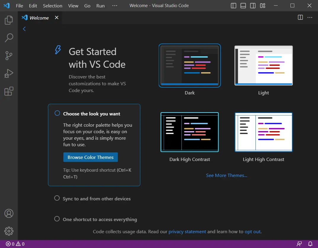 Instalacja Visual Studio Code - ekran powitalny