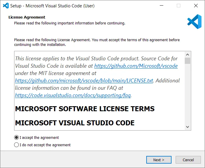 Instalacja Visual Studio Code - licencja