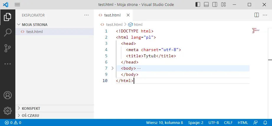 Instalacja Visual Studio Code - zwinięty element body