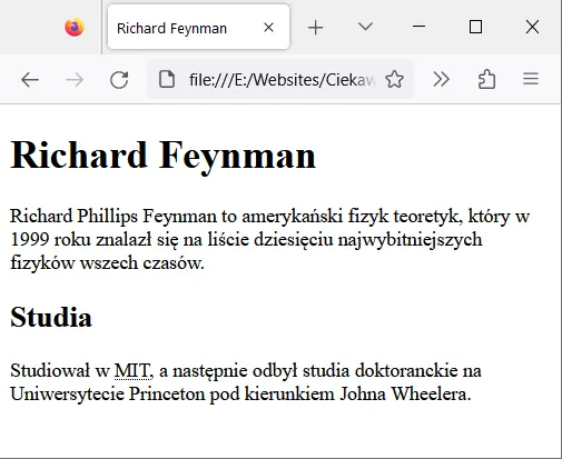 Pierwsza wersja strony o Feynmanie z nagłówkami i akapitami
