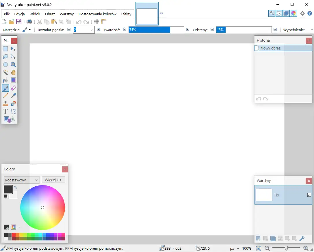 Paint.net - okno główne z kołem kolorów