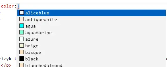 Podpowiedzi nazw kolorów w Visual Studio Code