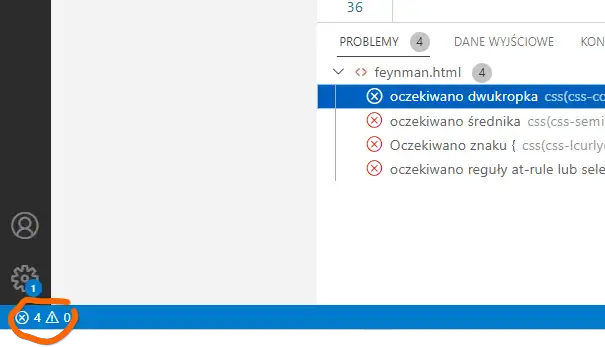 Błędy CSS w Visual Studio Code