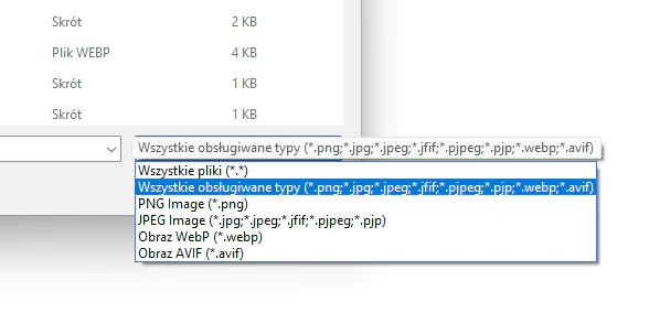 Wybór typu pliku w przeglądarce php file input zrzut ekranu typów plików
